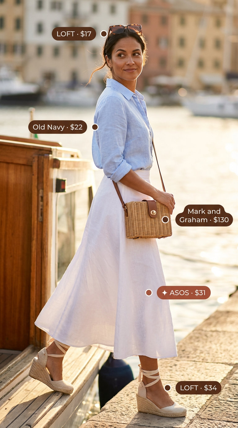 Elegant white linen maxi skirt from a coastal grandmother summer skirt outfit 2026, paired with a sky blue button-down, espadrille wedges, and straw bag.