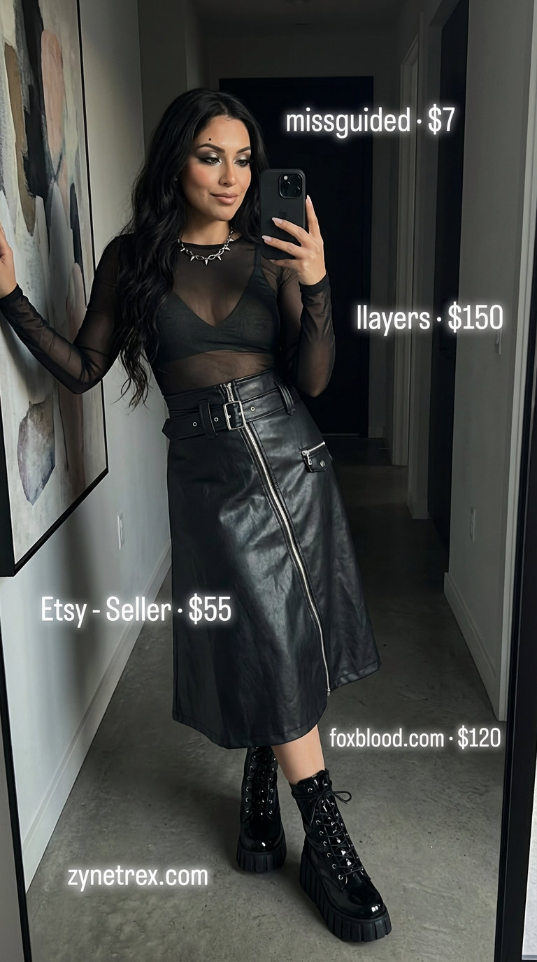Edgy black faux leather mini skirt and charcoal mesh top, ideal for a night out summer skirt outfit 2026, with combat boots and studded cross-body bag.