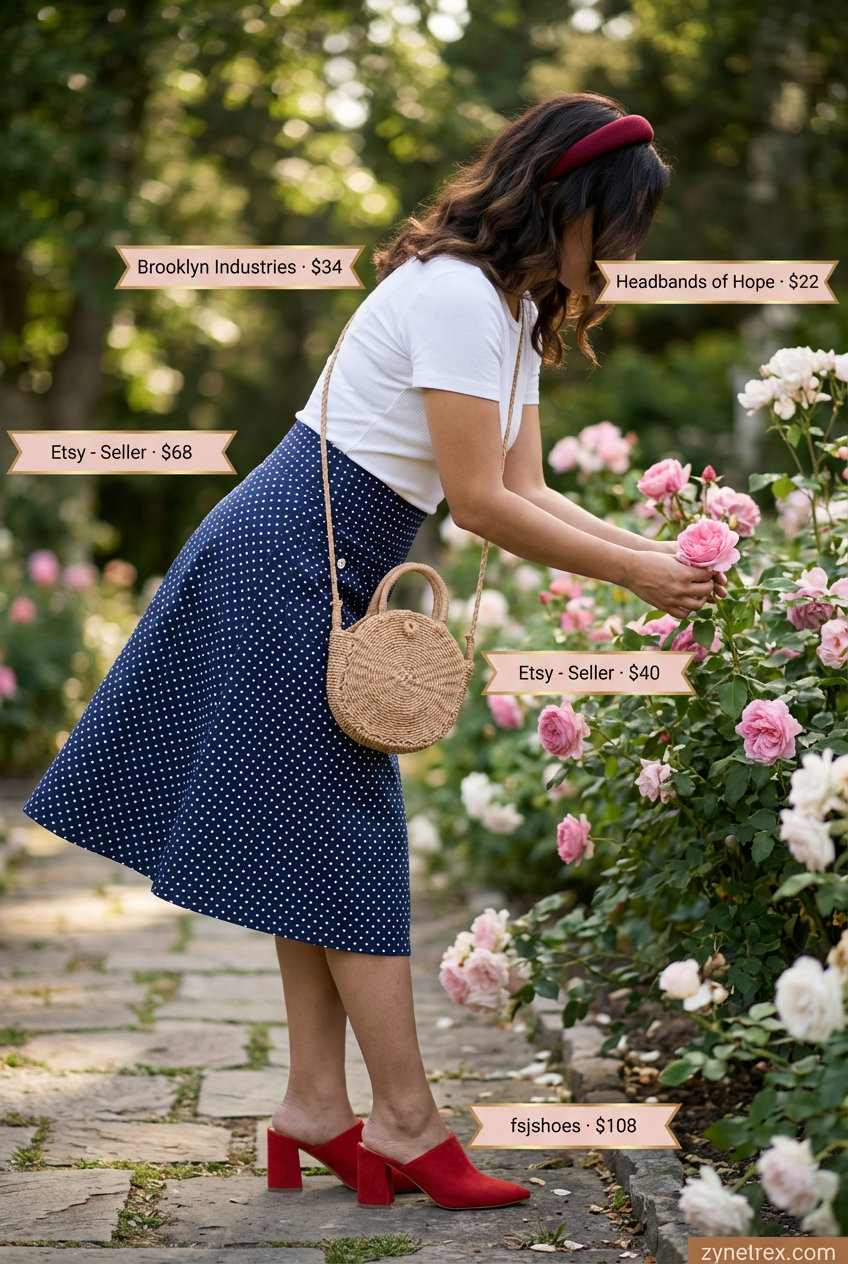 Charming navy and white polka dot mini skirt with a white knit top and red block heel mules, ideal for summer skirt outfits 2026 gatherings.