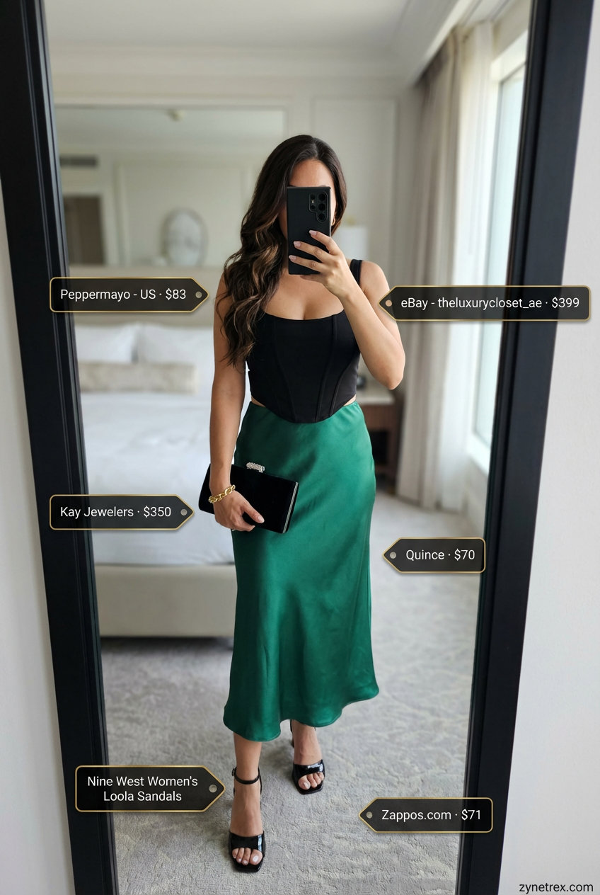Glamorous emerald green bias-cut midi skirt and black corset top, perfect for an evening glamour summer skirt outfit 2026, with stiletto heels.