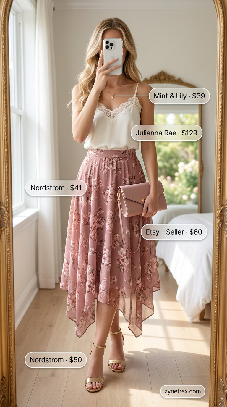 Elegant dusty rose floral midi A-line skirt and ivory lace camisole, perfect for a garden party summer skirt outfit 2026, with gold block heel sandals.