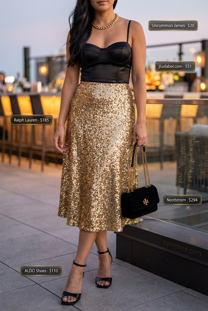 Glamorous gold sequined mini skirt with a black satin bustier, strappy stiletto sandals, and a chunky gold necklace for a bold summer night out in 2026.