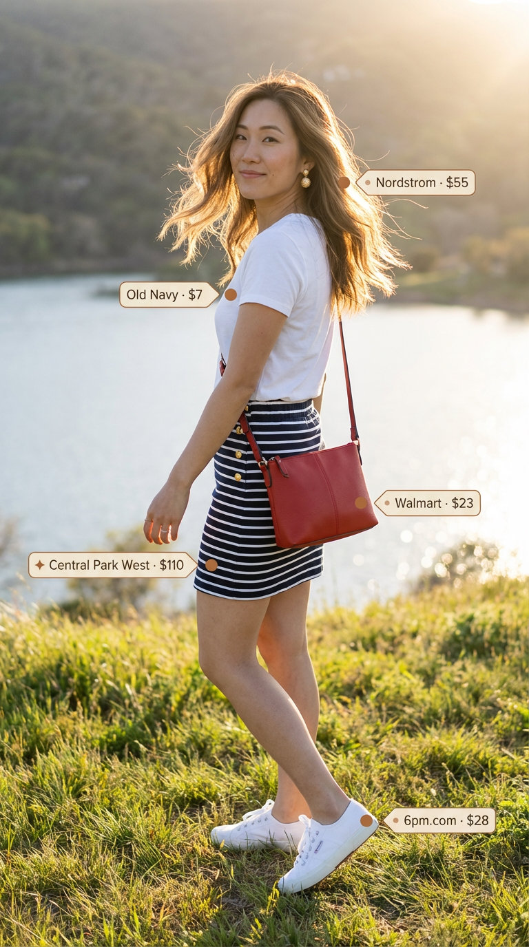 Playful navy and white striped A-line mini skirt with a white t-shirt, red crossbody bag, and canvas sneakers for a preppy lakeside picnic in 2026.
