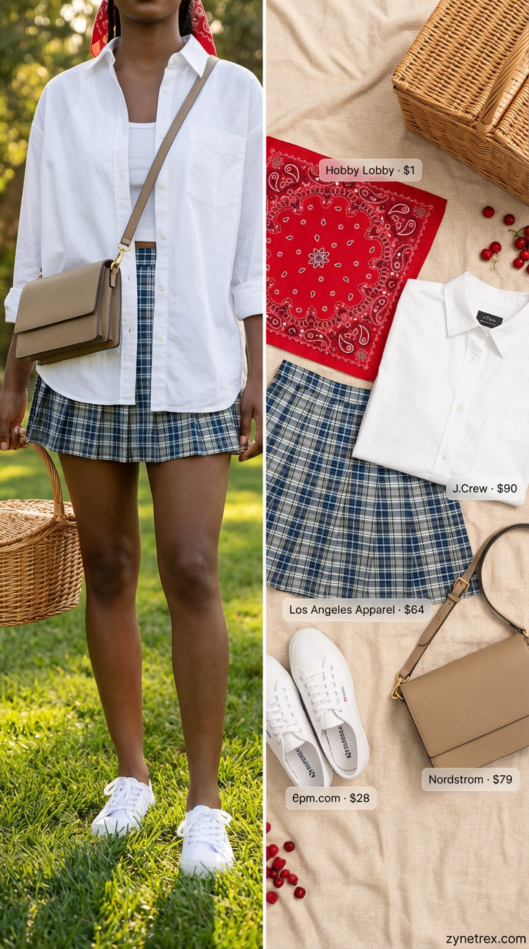 Preppy navy and white plaid mini skirt with an oversized white button-down, canvas sneakers, and a red bandana, perfect for summer skirt outfits 2026 picnics.