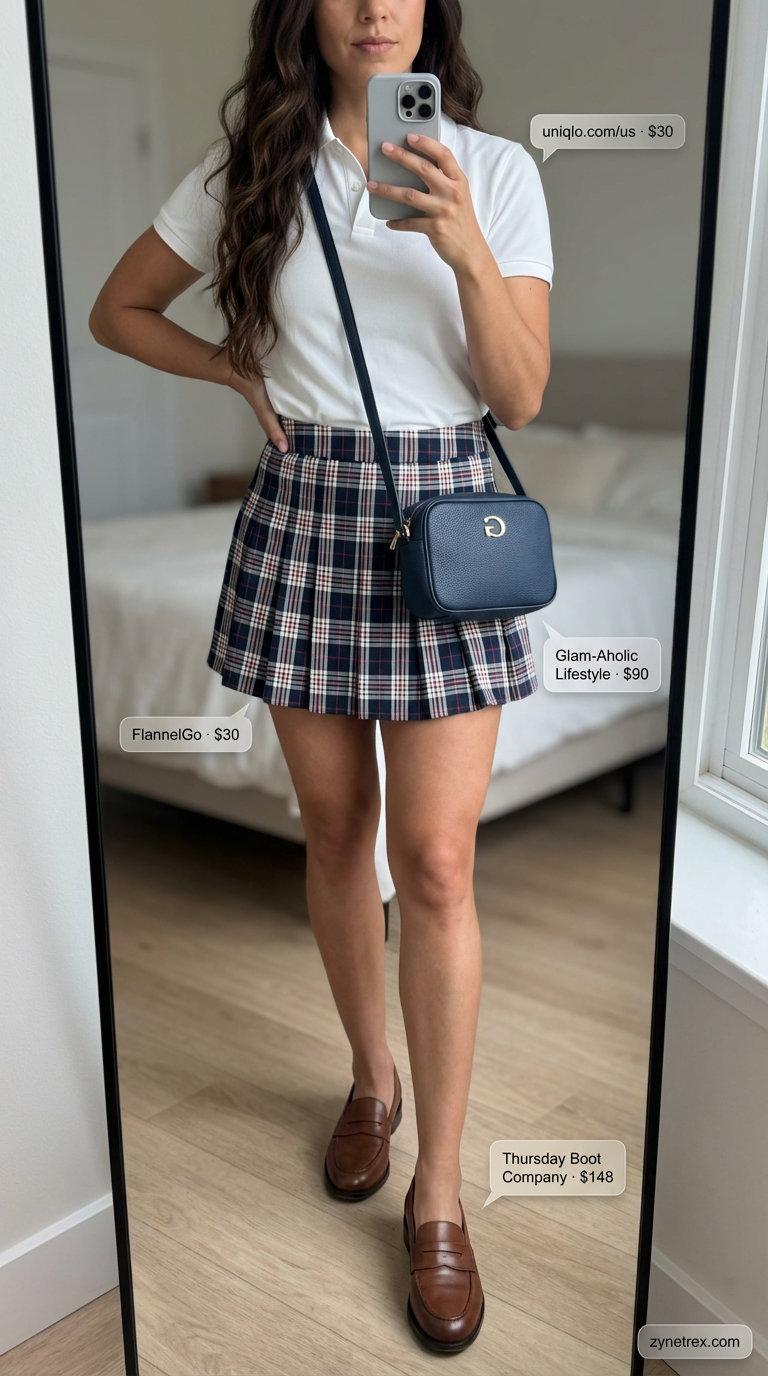 Charming navy and red plaid mini skirt and white polo shirt for a preppy picnic summer skirt outfit 2026, styled with penny loafers and a crossbody bag.