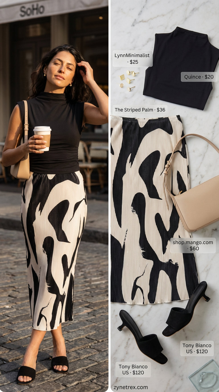 Glamorous black, cream, and terracotta abstract print pleated midi skirt with a black mock neck top, heeled mules, and a cream mini bag for a resort evening in 2026.