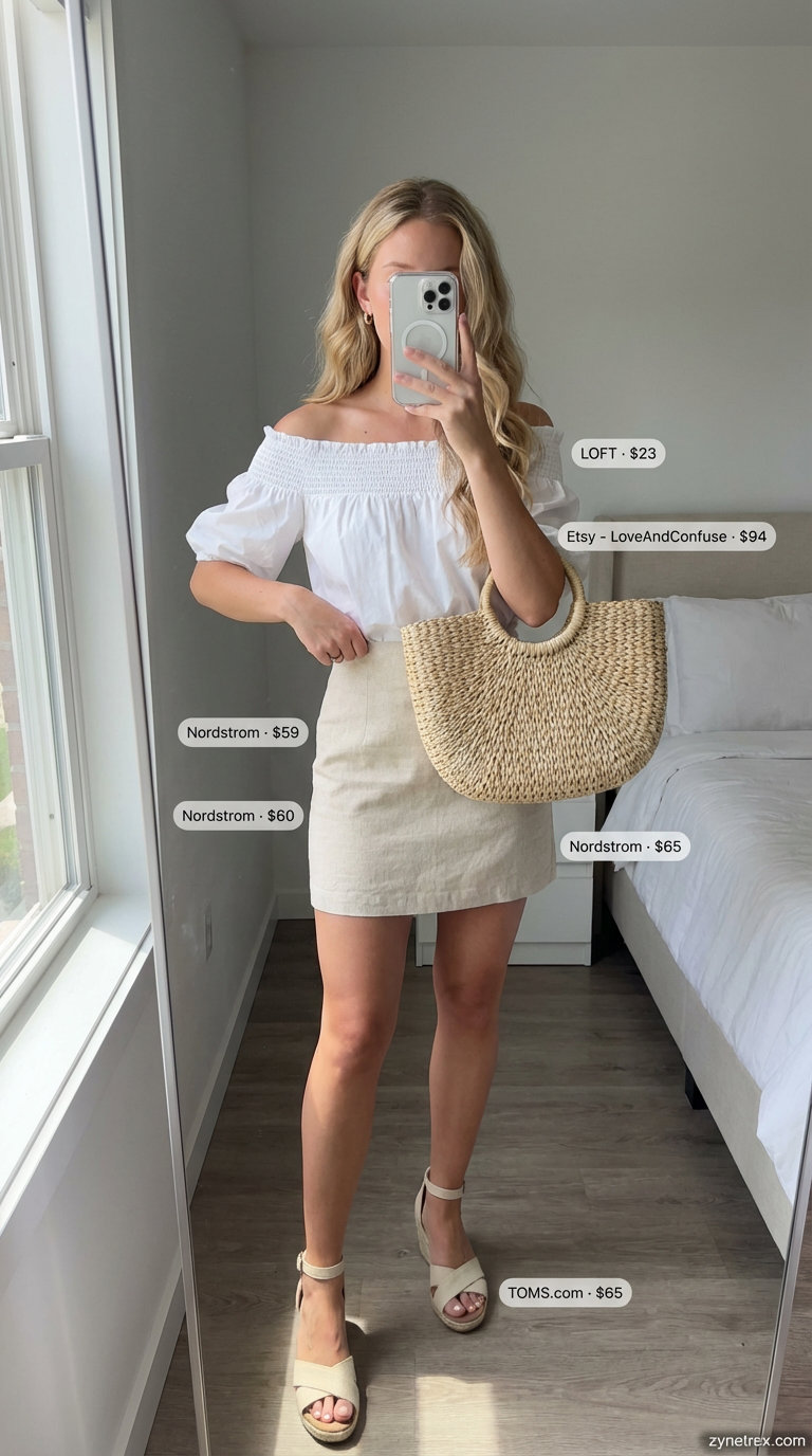 Fresh white linen mini skirt with a cobalt blue off-the-shoulder top, creating a chic brunch in Santorini summer skirt outfit 2026, with espadrille sandals.