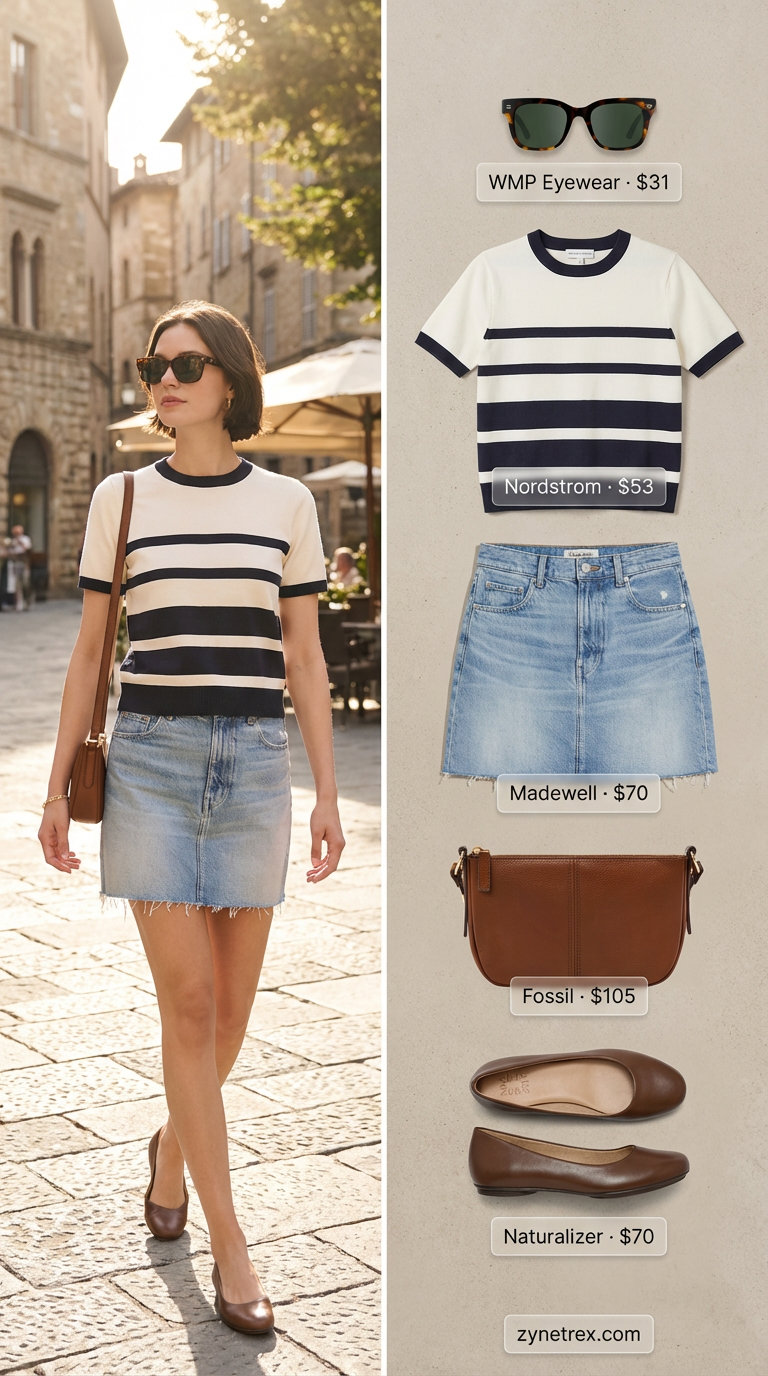 Casual light wash denim A-line mini skirt with a navy and white striped top, brown ballet flats, and sunglasses for a chic weekend getaway in 2026.