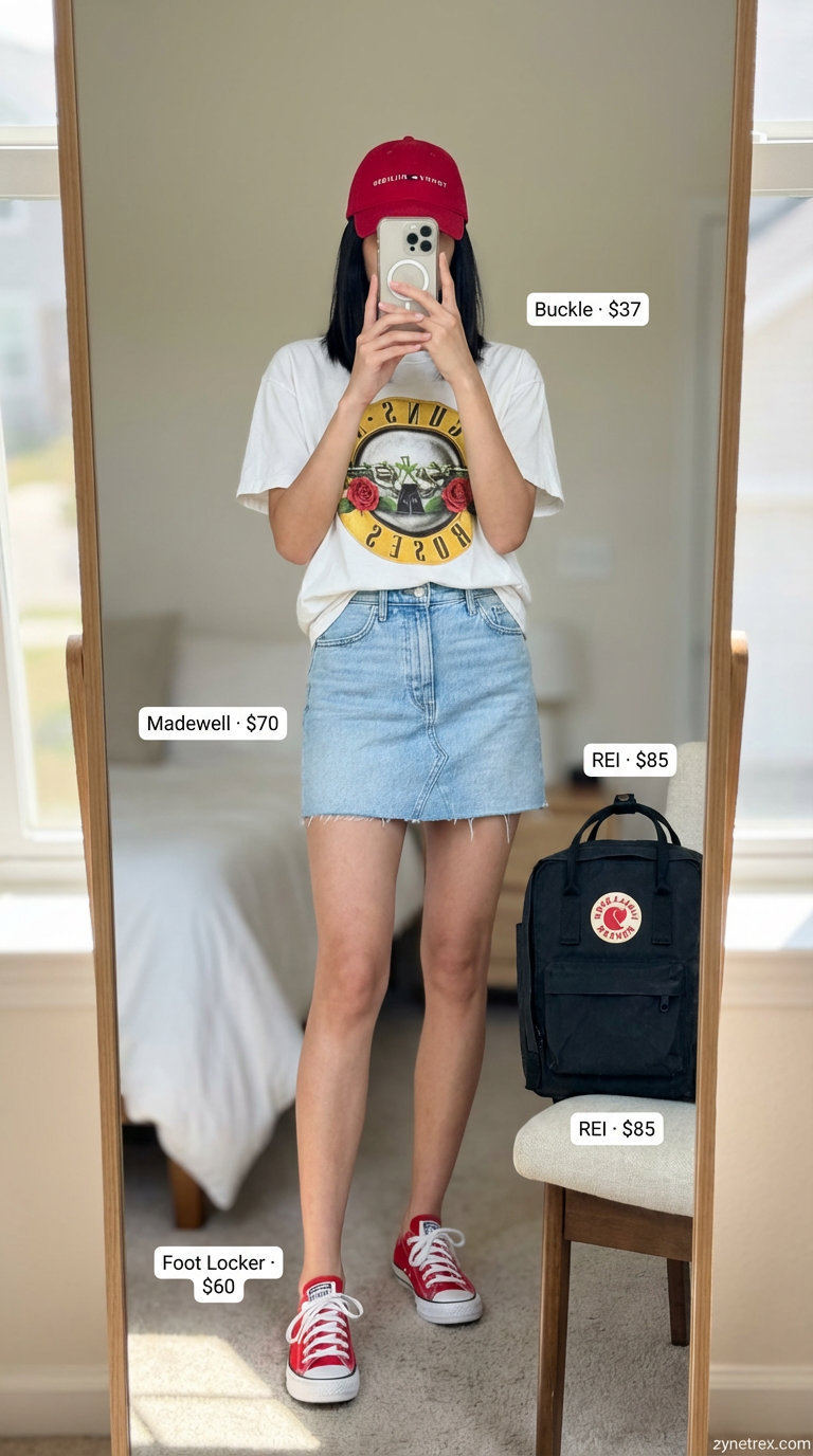 Casual light wash denim mini skirt with a graphic tee, perfect for a weekend wanderlust summer skirt outfit 2026, accessorized with a red baseball cap.