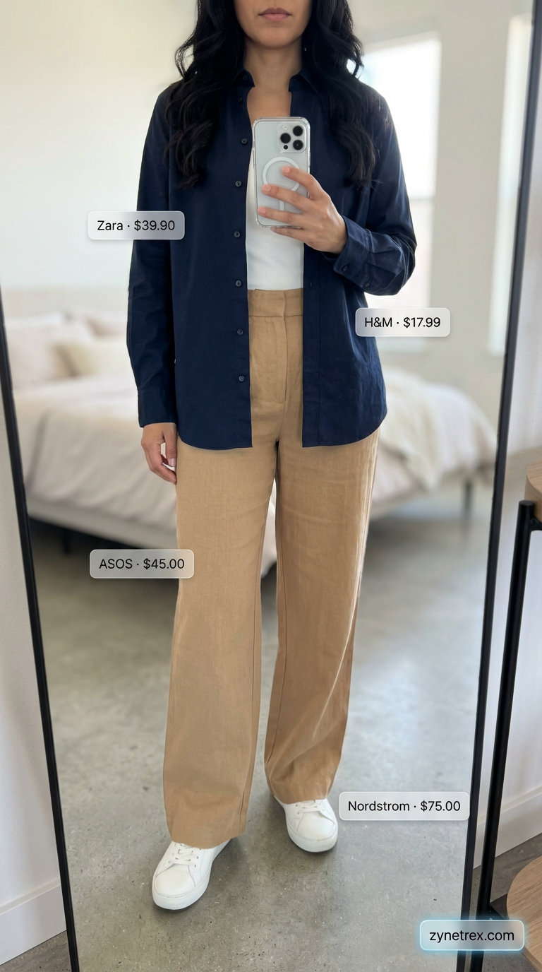 Stylish navy linen blend tailored shorts and an oversized white button-down shirt a relaxed summer work outfit for women 2026, ideal for casual office days.