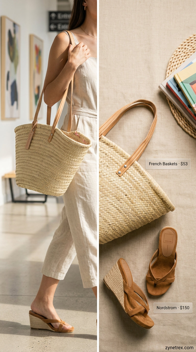 Creative office summer work outfit for women 2026 with beige wide-leg linen pants, a navy silk camisole, and a white open-front blazer, styled for comfort.