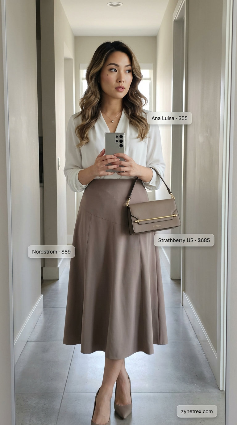 Elegant summer work outfit for women 2026 featuring a white silk blend sleeveless top, taupe A-line midi skirt, and nude slingback heels, perfect for a formal office setting.