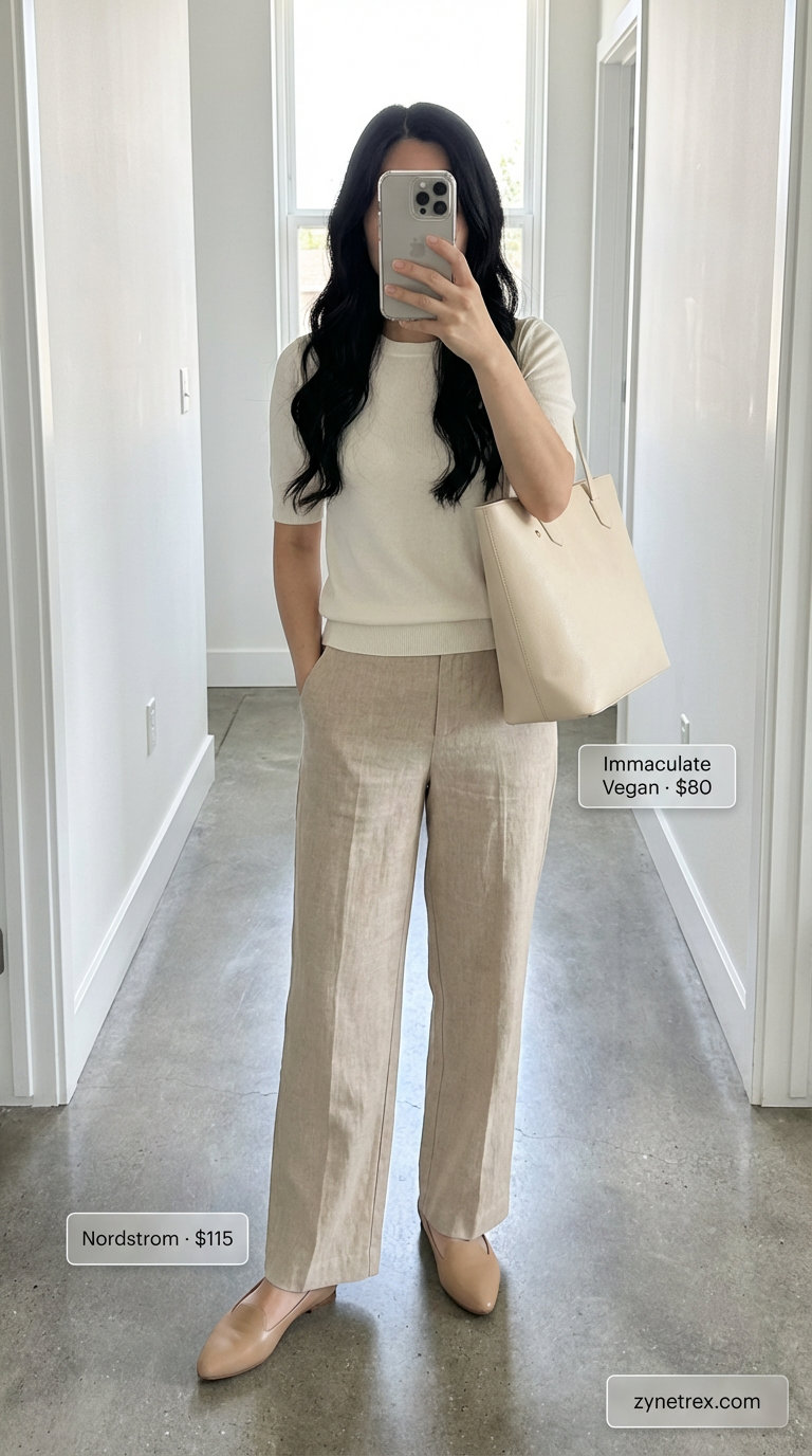 Chic summer work outfit for women 2026 featuring cream wide-leg trousers, a beige sleeveless top, loafers, and a structured tote for everyday office.