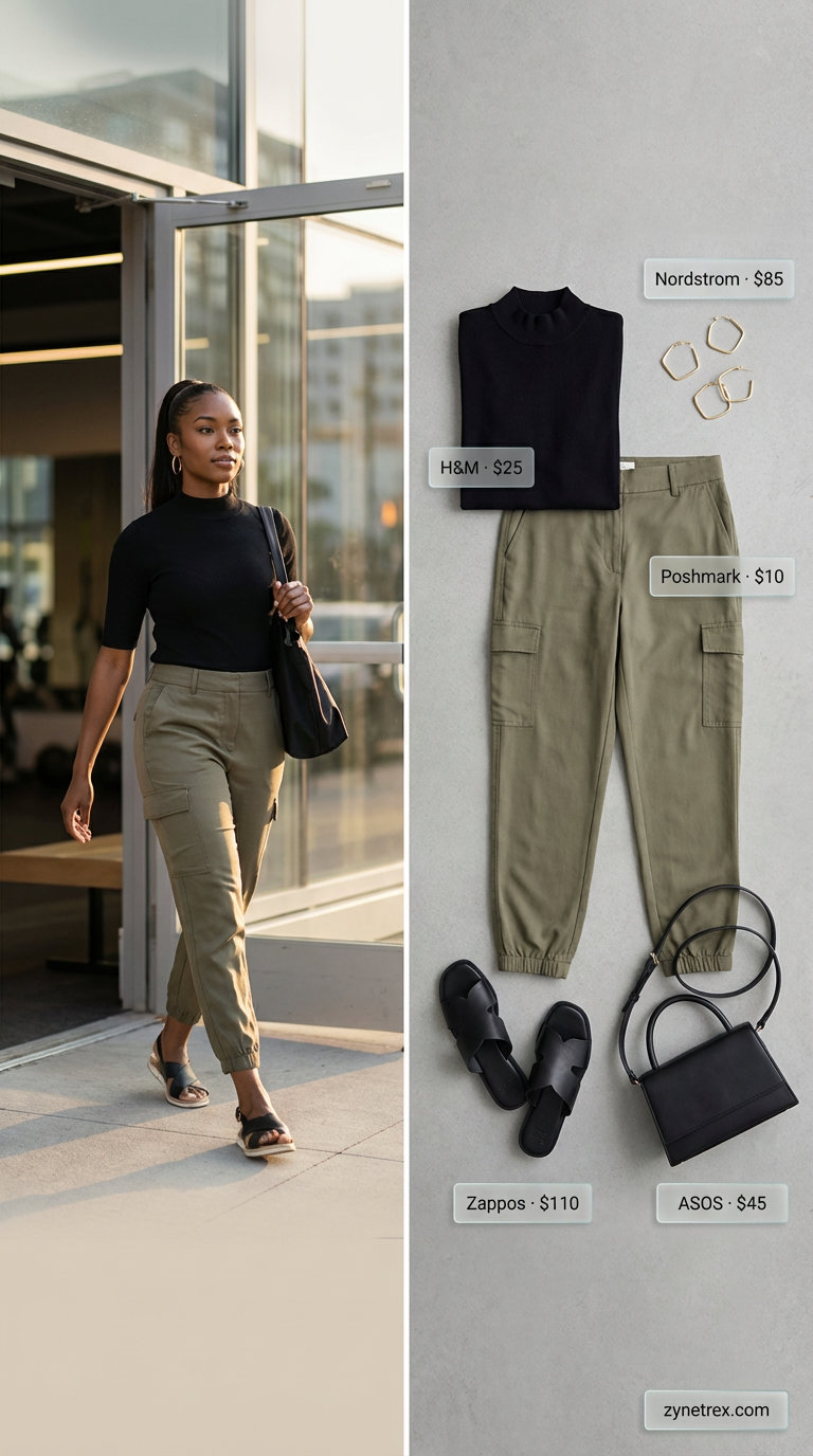 Edgy creative office summer work outfit for women 2026 with khaki green cargo pants, a black mock-neck top, and flat slide sandals, styled for modern utility.