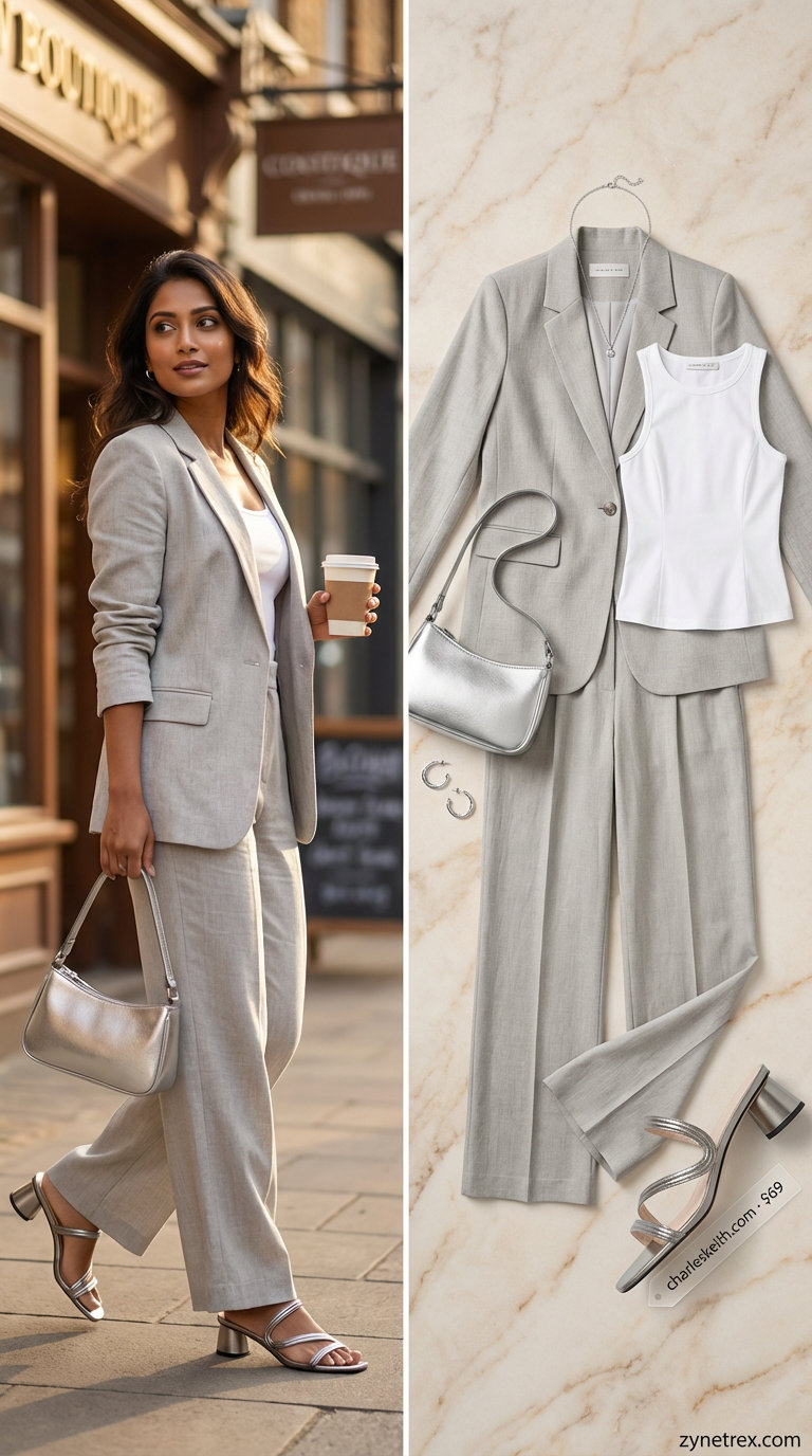 Professional summer work outfit for women 2026: a light grey linen blend tailored suit, white camisole, and metallic mules for a business casual event.