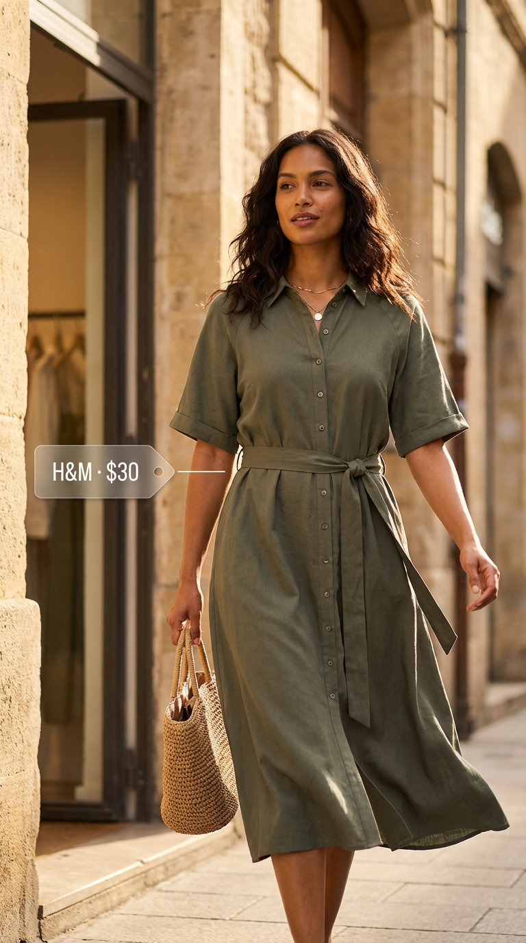 Relaxed olive green midi shirt dress work outfit for women 2026, styled with espadrille wedges and a straw tote, perfect for summer Friday chic or lunch meetings.