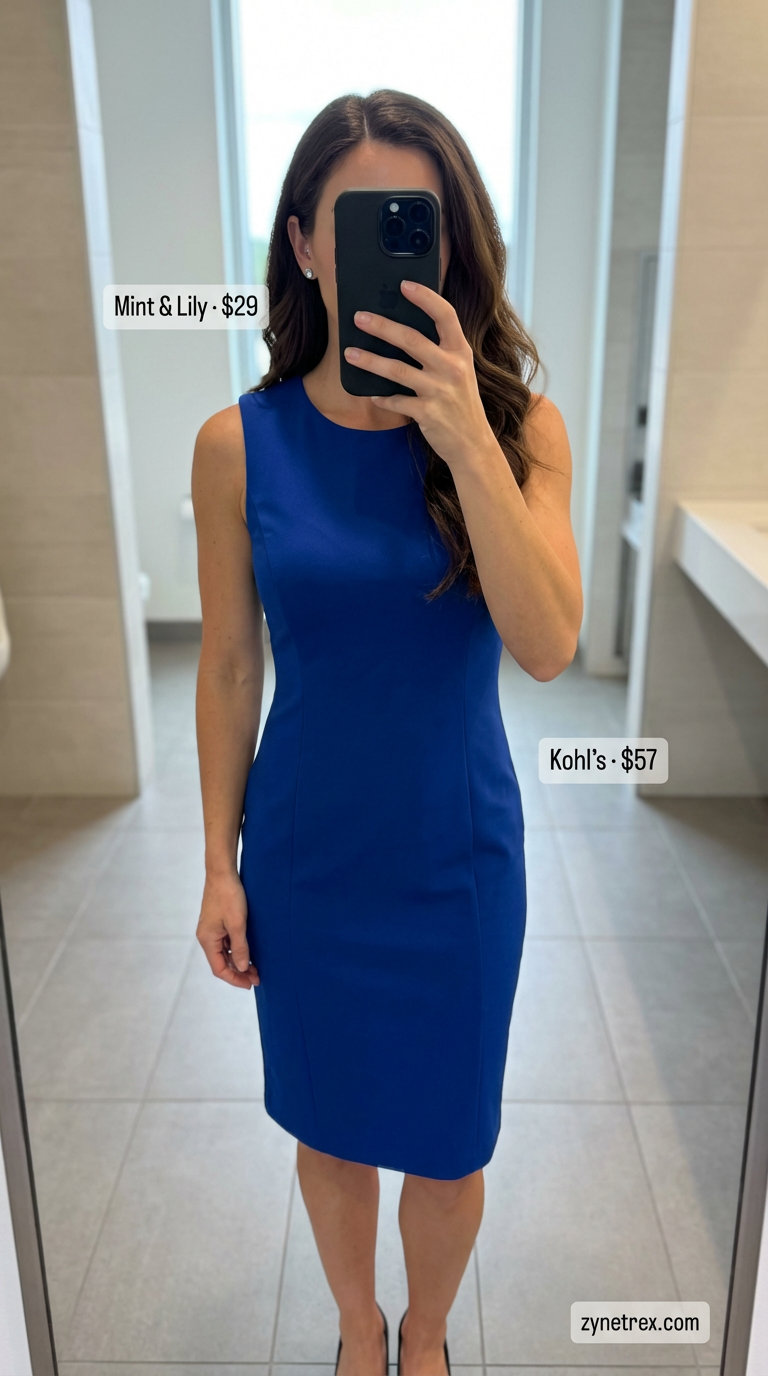 Sophisticated cobalt blue sheath midi dress summer work outfit for women 2026, paired with black pointed-toe stiletto pumps and a structured top-handle bag, perfect for client presentations.