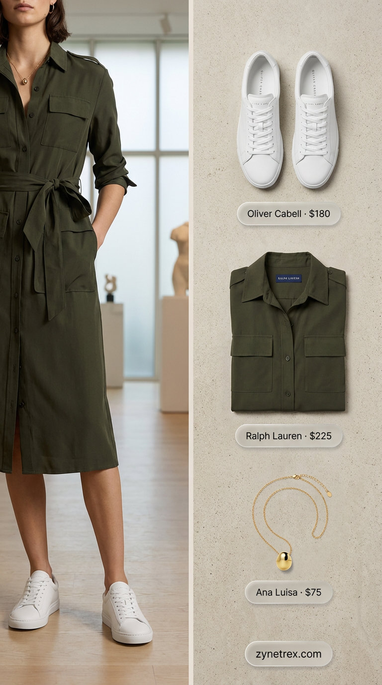Polished & comfortable summer work outfit for women 2026: an olive green midi shirt dress, white sneakers, and an ecru canvas tote for city chic commutes.