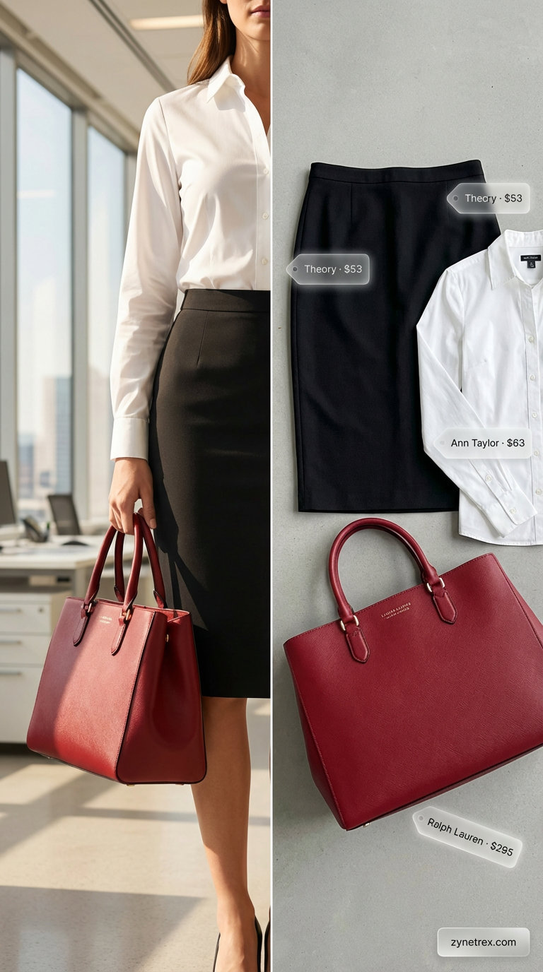 Authoritative black and white summer work outfit for women 2026 with a black pencil skirt, crisp white shirt, black pumps, red belt, and black satchel.