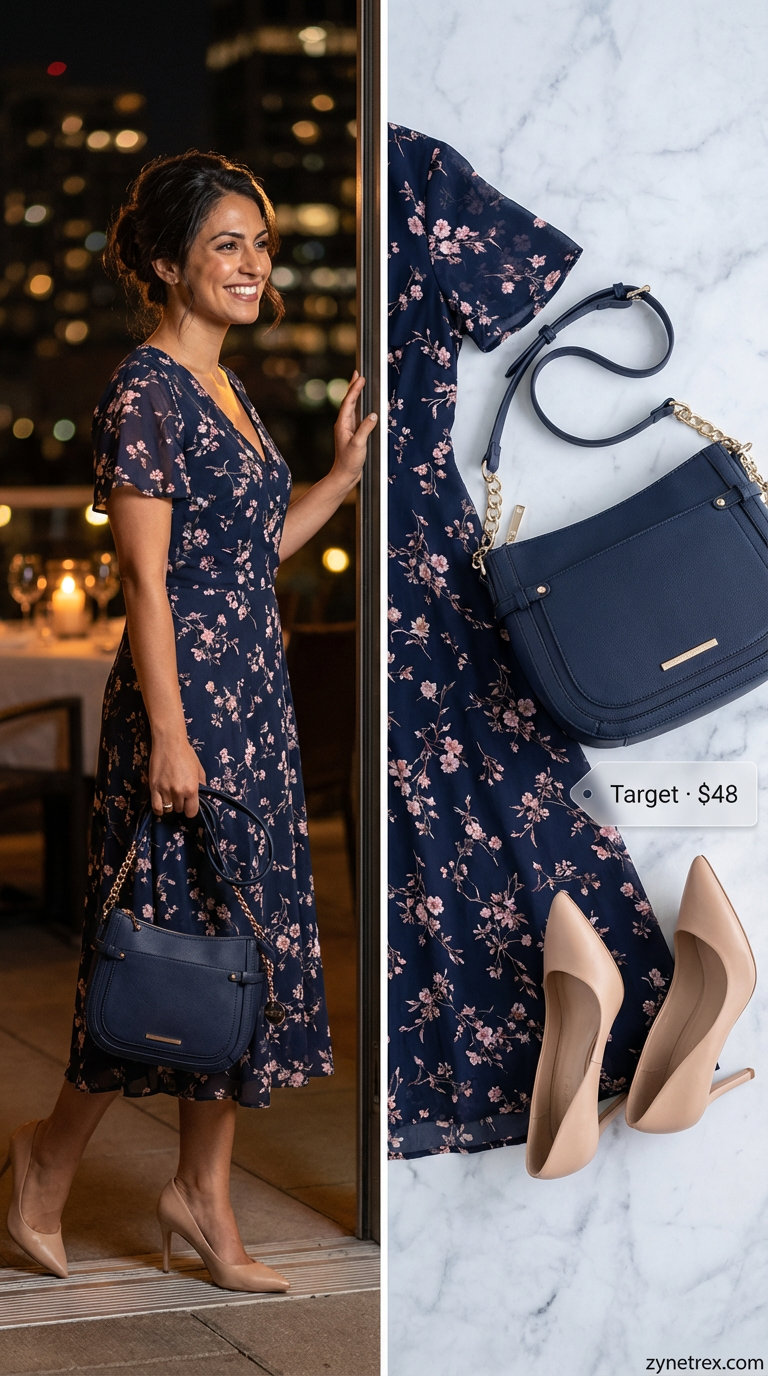 Vibrant and professional summer work outfit for women 2026: a navy floral print wrap dress, nude pumps, and a navy shoulder bag for a boardroom bloom look.