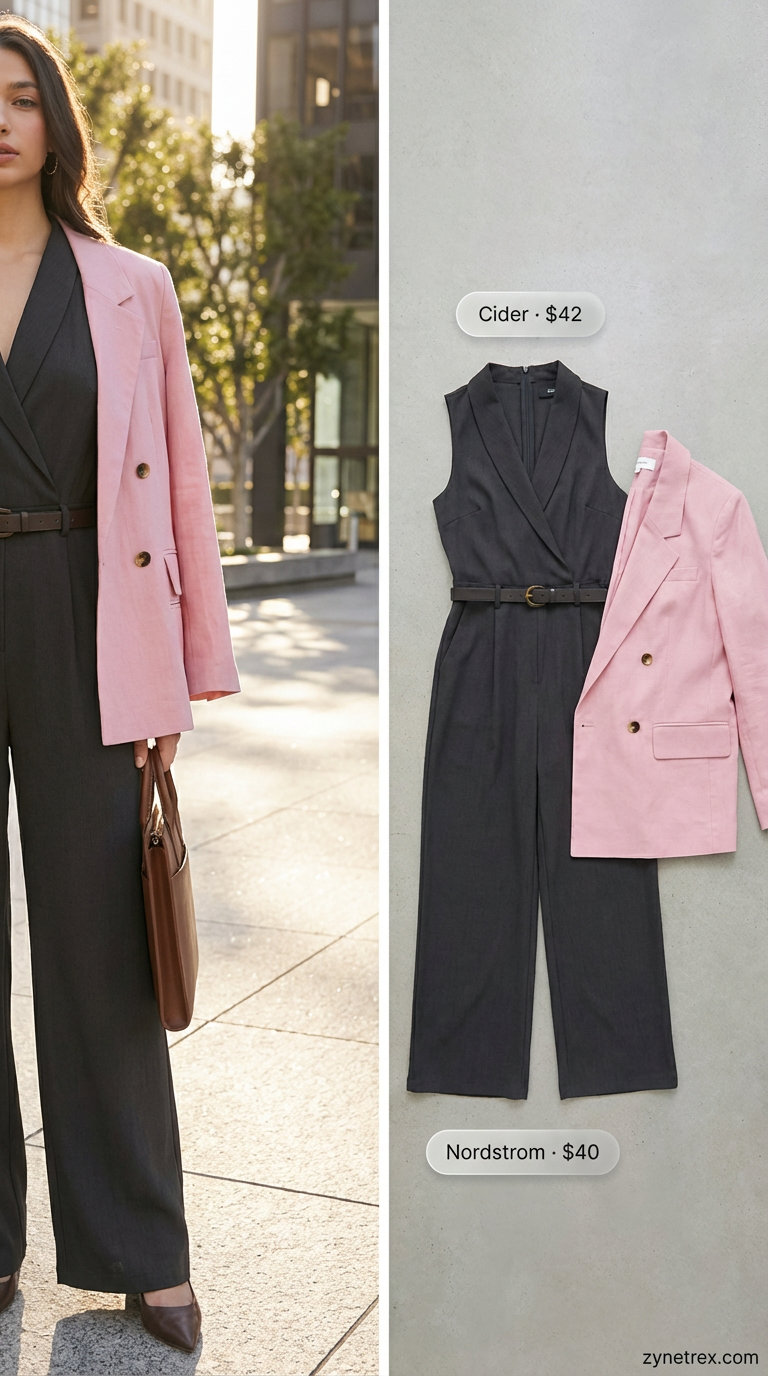 Chic summer work outfit for women 2026 featuring a charcoal grey wide-leg jumpsuit, blush pink blazer, silver heels, and grey shoulder bag for a business lunch.