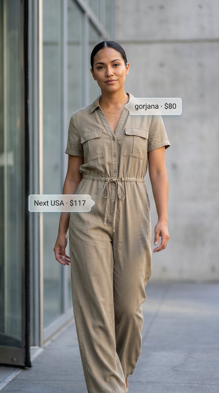 Modern khaki utility jumpsuit, black ankle boots, and gold necklace make a stylish summer work outfit for women 2026, ideal for creative offices.