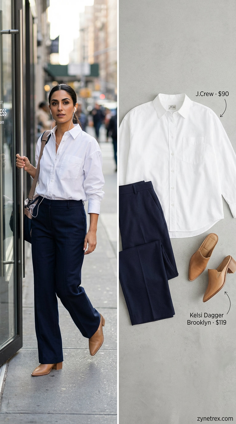 Polished & comfortable navy wide-leg trousers, white button-down shirt, tan mules, black shoulder bag, and gold hoops for a summer work outfit for women 2026.