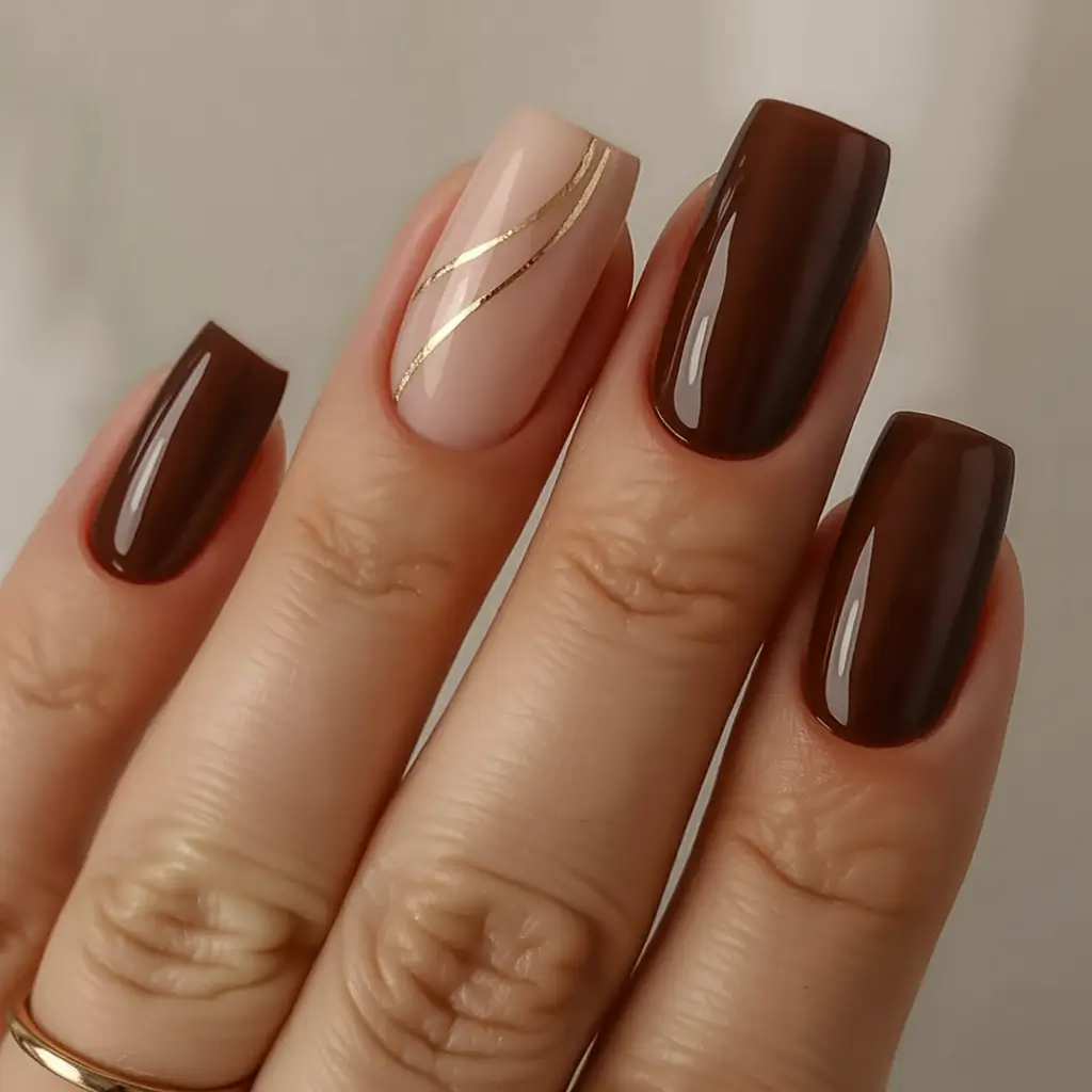 top spring nails for tan skin 2026 Chocolate Gloss Nails with Delicate Gold Accent Lines