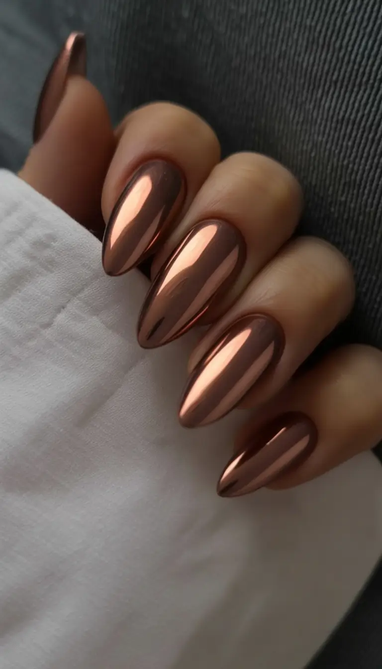 top spring nails for tan skin 2026 Bronze Chrome Almond Nails for a Modern Metallic Spring Look