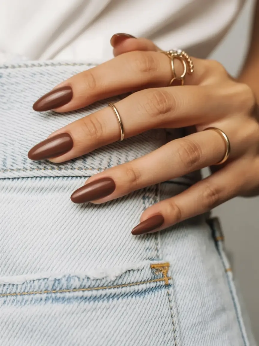 top spring nails for tan skin 2026 Soft Cocoa Almond Nails for a Rich Yet Minimal Spring Style
