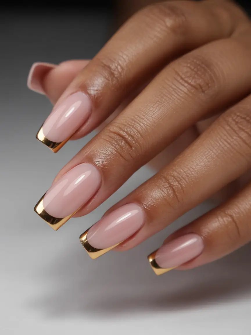top spring nails for tan skin 2026 Glossy Nude Nails with Elegant Gold French Tips