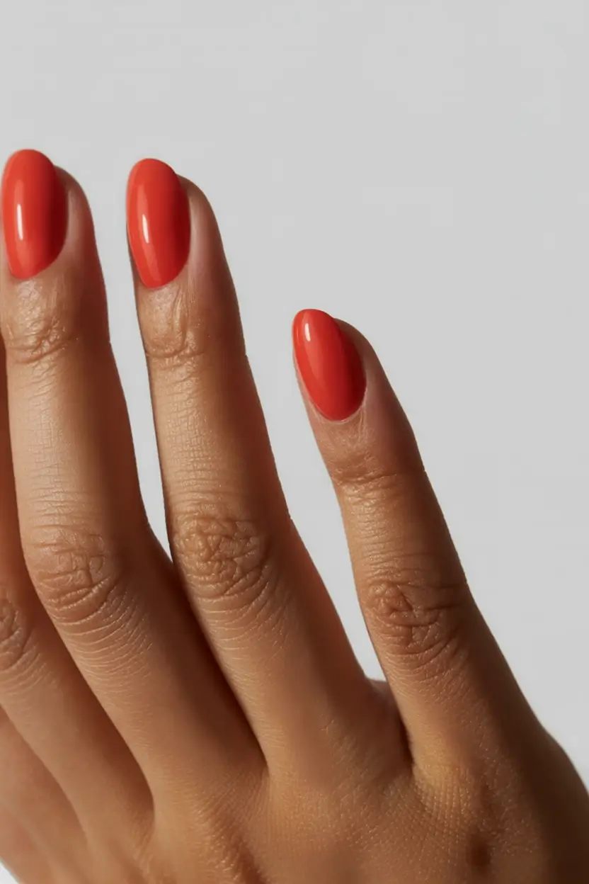 top spring nails for tan skin 2026 Glossy Coral Almond Nails for a Bold Spring Energy