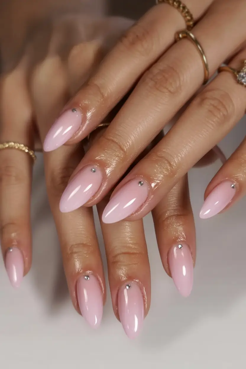 top spring nails for tan skin 2026 Glossy Baby Pink Almond Nails with Minimal Crystal Details