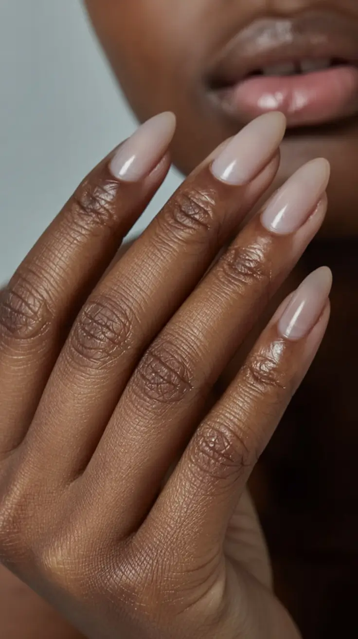 top spring nails for tan skin 2026 Sheer Nude Almond Nails with a Barely-There Glow