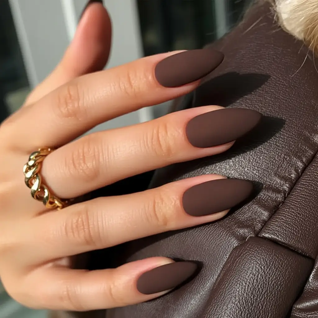 top spring nails for tan skin 2026 Matte Cocoa Almond Nails for a Modern Editorial Finish