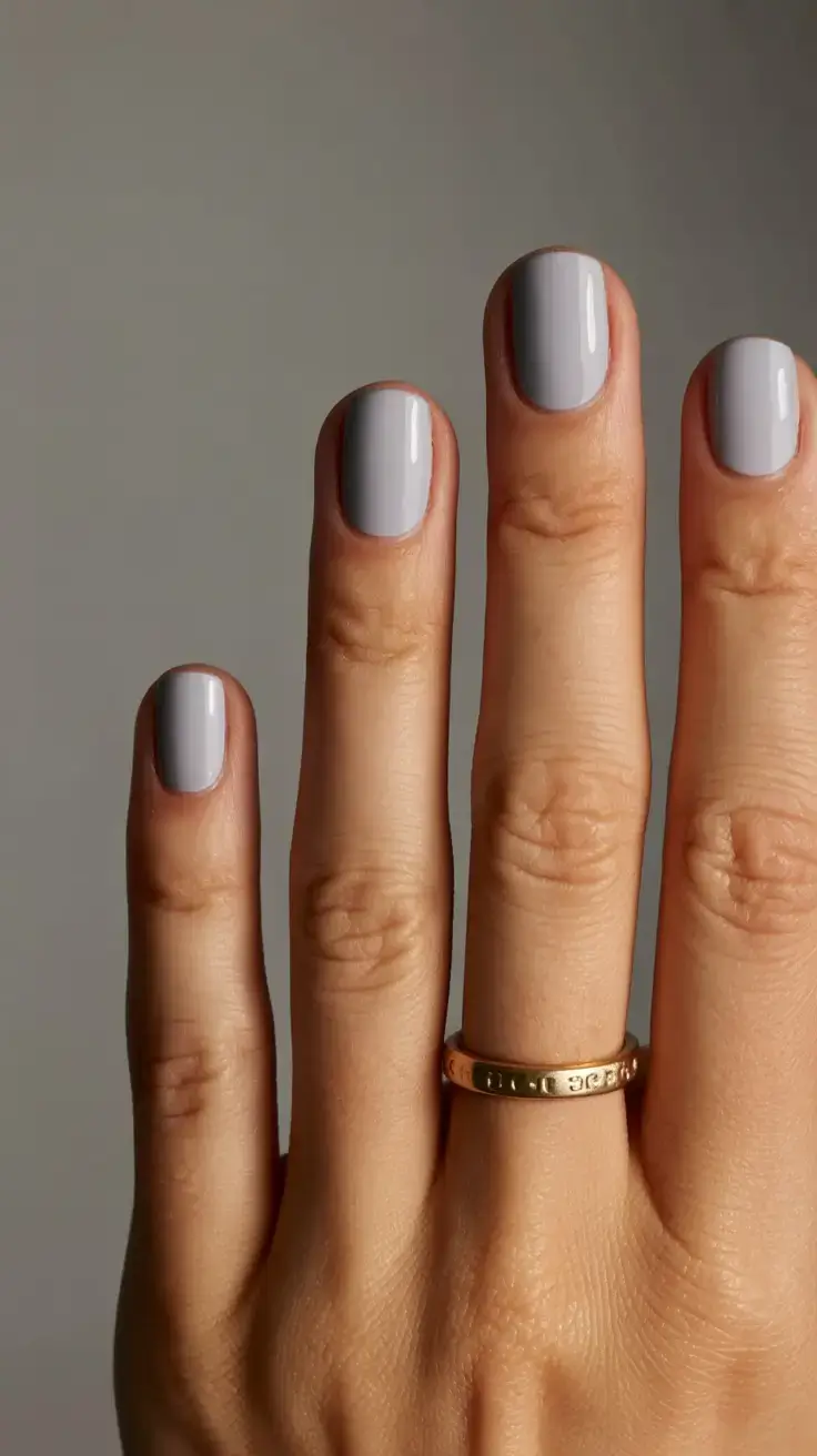 trendy spring nails 2026 for pale skin Cool Grey Short Nails Modern Minimalism