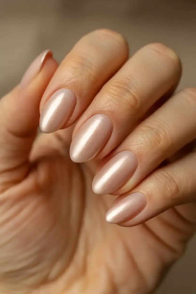 trendy spring nails 2026 for pale skin Pearl Chrome Almond Nails Soft Glow