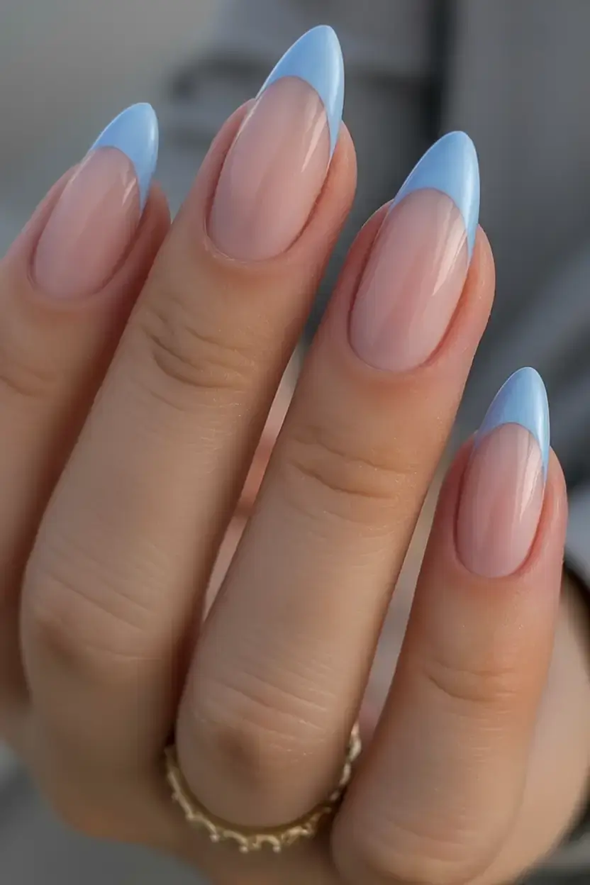 trendy spring nails 2026 for pale skin Baby Blue French Tip Almond Nails