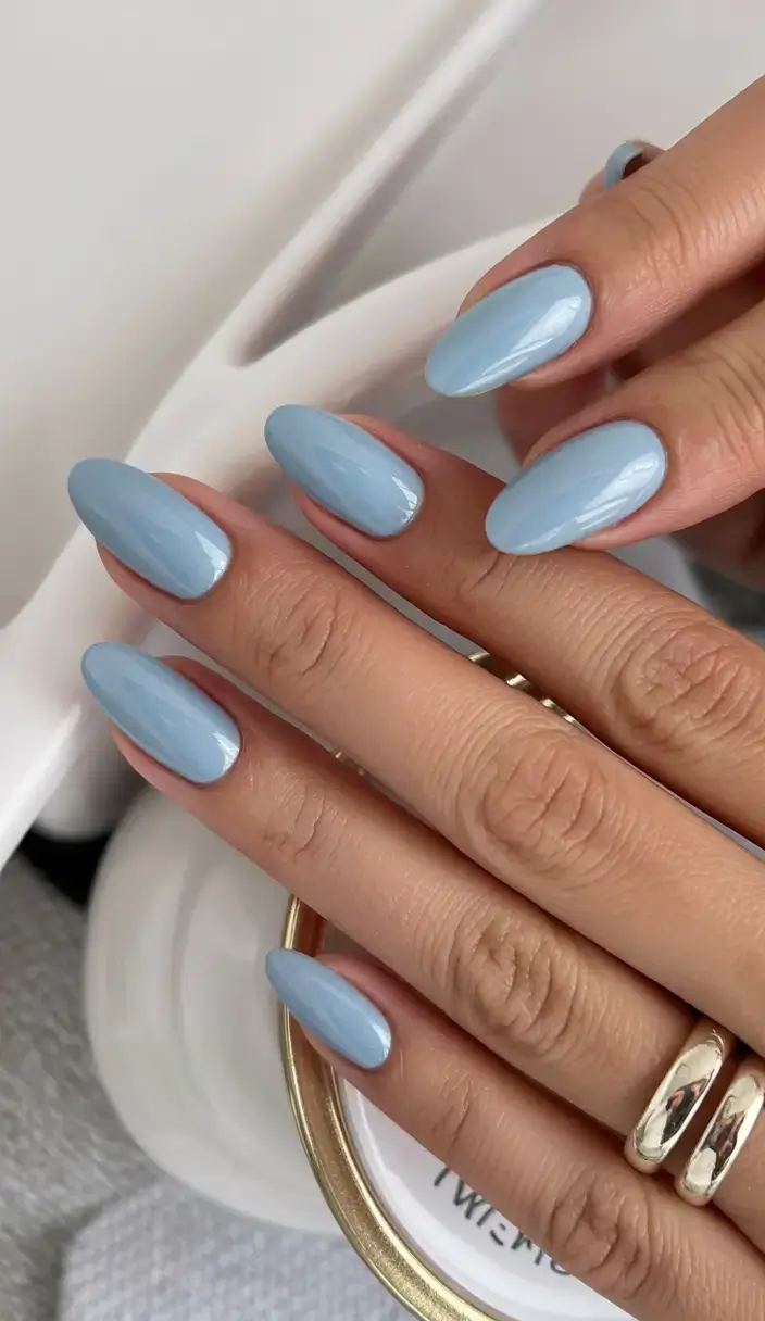 trendy spring nails 2026 for pale skin Baby Blue Almond Nails Fresh Spring Air