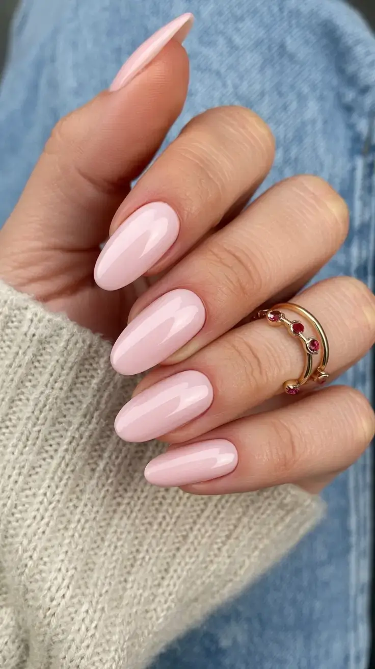 trendy spring nails 2026 for pale skin Soft Pink Almond Nails Polished Minimalist Classic