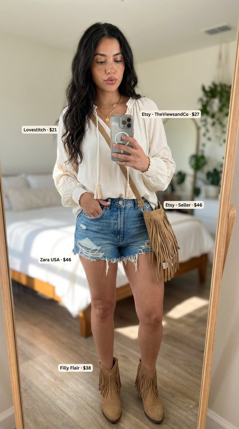 Boho Festival Vibes: Trendy Summer Outfits for Women 2026 A free-spirited bohemian outfit featuring a cream embroidered peasant top, distressed denim shorts, and fringe ankle boots, perfect for trendy summer outfits for women 2026 at a music festival.