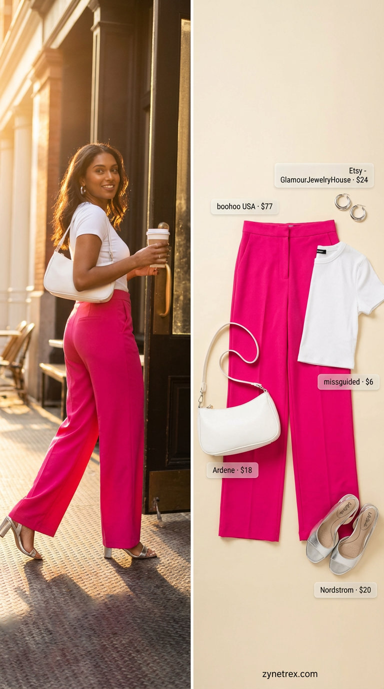 Bold & Breezy: Trendy Summer Outfit Ideas 2026 Bold and breezy day out ensemble with hot pink high-waisted wide-leg trousers, a white fitted crop top, metallic silver flat sandals, a white mini shoulder bag, and statement silver hoop earrings. Achieve trendy summer outfits for women 2026.