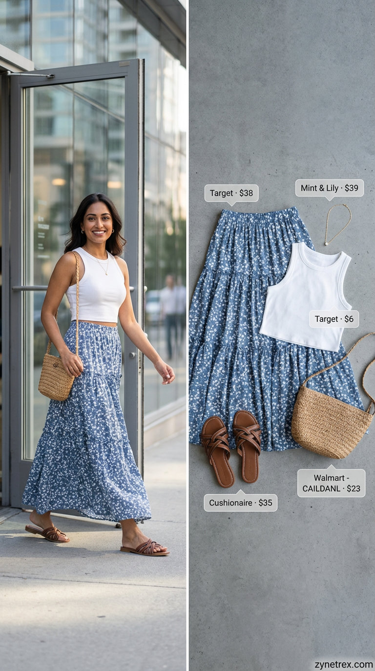 Brunch in Bloom: Trendy Floral Skirt Outfits 2026 Brunch in bloom outfit featuring a flowing light blue floral tiered maxi skirt, a crisp white ribbed knit tank top, tan braided strap sandals, a small woven straw crossbody bag, and a delicate gold pendant necklace, presenting trendy summer outfits for women 2026.