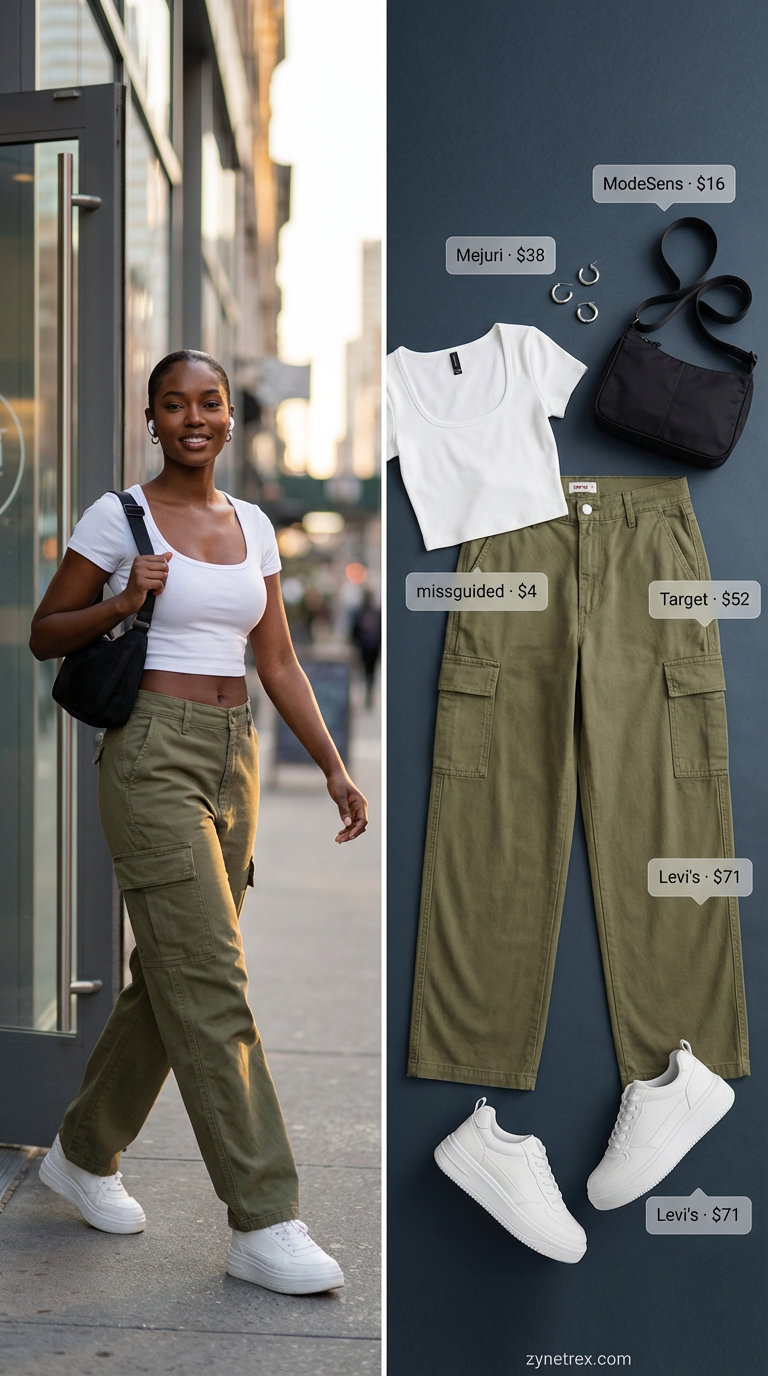 Urban Explorer Edgy: Trendy Summer Cargo Style 2026 An edgy urban explorer outfit featuring olive green wide-leg cargo pants, a black scoop neck crop top, and chunky platform sneakers, perfect for trendy summer outfits for women 2026.