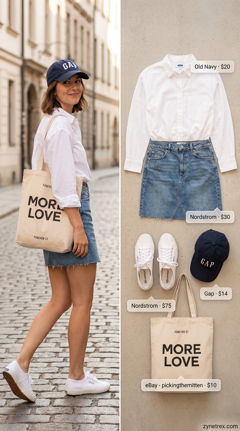 Summer City Stroll: Trendy Casual Outfits 2026 A youthful summer city outfit with a light wash denim mini skirt, an oversized white button-down, and classic white sneakers, perfect for trendy summer outfits for women 2026.