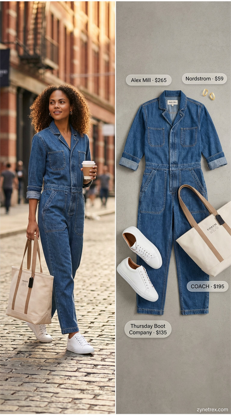 Effortless Jumpsuit Chic: Trendy Denim Outfits 2026 Effortless denim utility jumpsuit in medium wash, styled with thin gold hoop earrings, classic white leather sneakers, and a canvas tote bag, presenting trendy summer outfits for women 2026 for a casual lunch or errand run.
