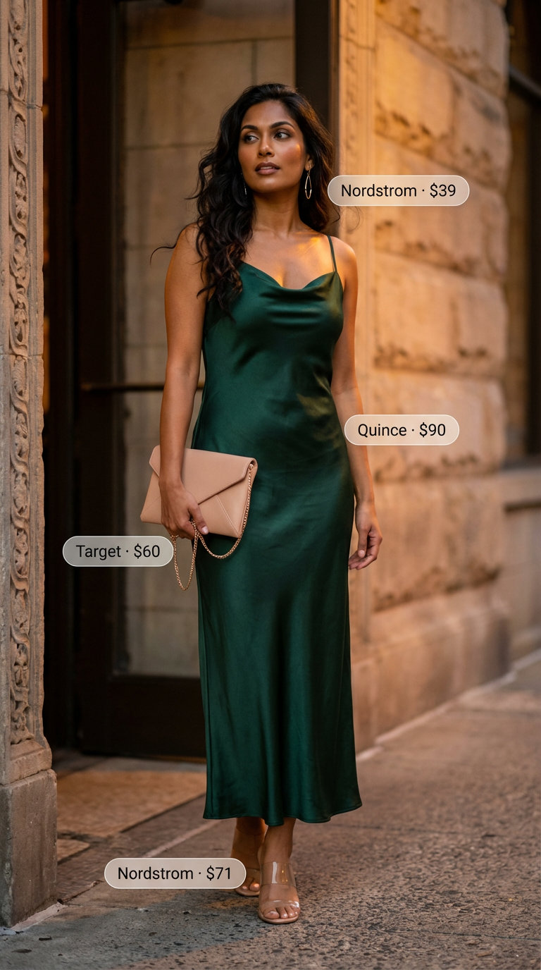 Effortless Riviera Glam: Trendy Summer Outfits 2026 An elegant emerald green satin midi slip dress paired with strappy stiletto sandals and a gold clutch, embodying trendy summer outfits for women 2026 for evening events.