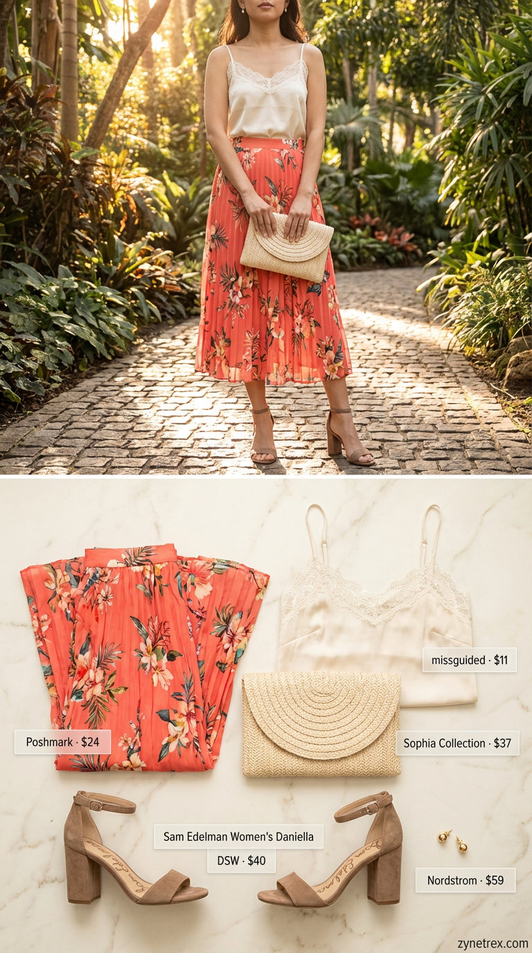 Garden Party Glam: Trendy Summer Skirt Outfits 2026 Garden party glam outfit showcasing a coral silk blend floral print A-line midi skirt, a cream lace-trim camisole, nude strappy block heel sandals, a woven cream clutch with a pearl clasp, and delicate gold stud earrings. Perfect for trendy summer outfits for women 2026.