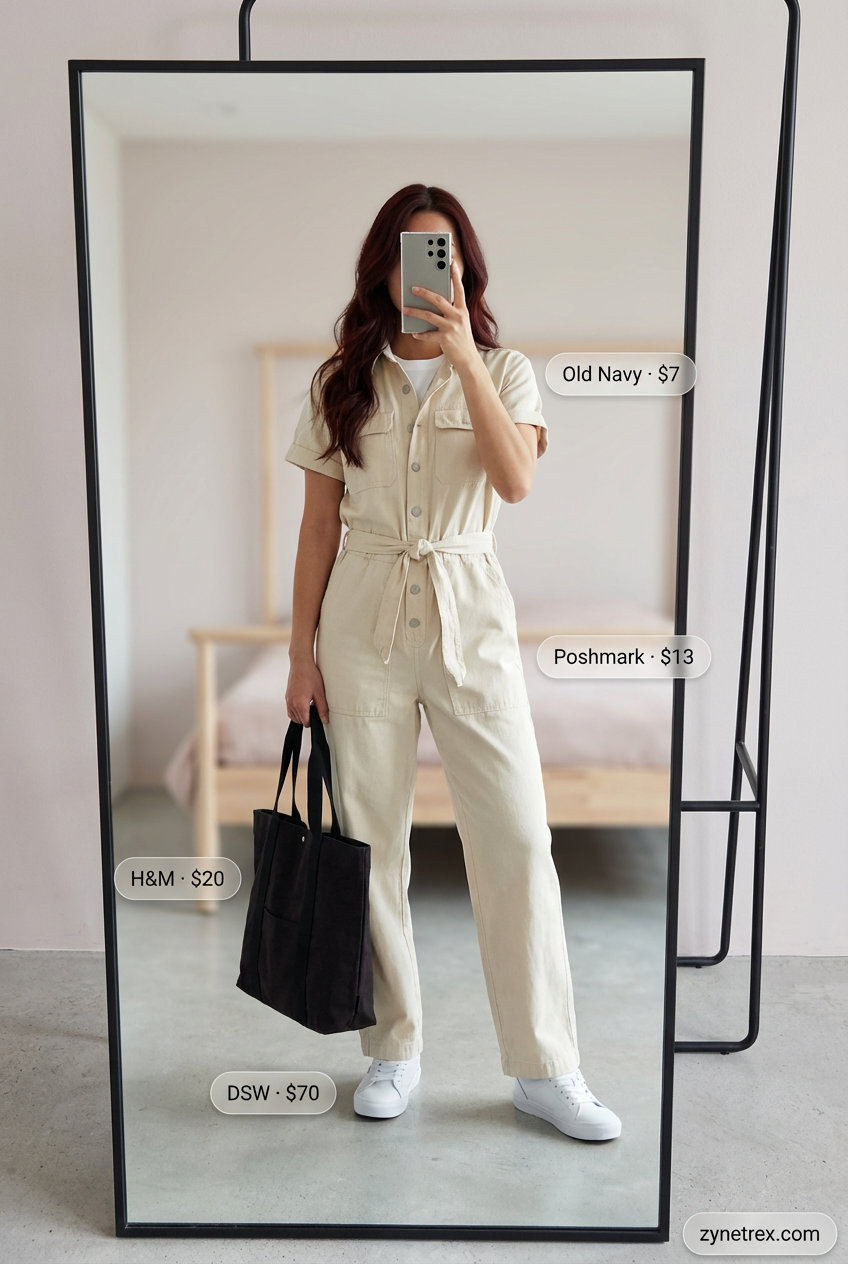 Urban Explorer Practical: Trendy Summer Jumpsuit 2026 A practical and modern beige utility-style jumpsuit layered over a white t-shirt, styled with white sneakers and a black tote bag, for trendy summer outfits for women 2026.