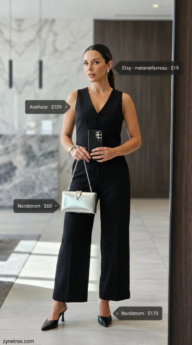 Monochrome City Sleek: Trendy Summer Set 2026 A sophisticated black two-piece set with wide-leg trousers and a sleeveless vest top, paired with heeled mules and a silver clutch, for trendy summer outfits for women 2026.
